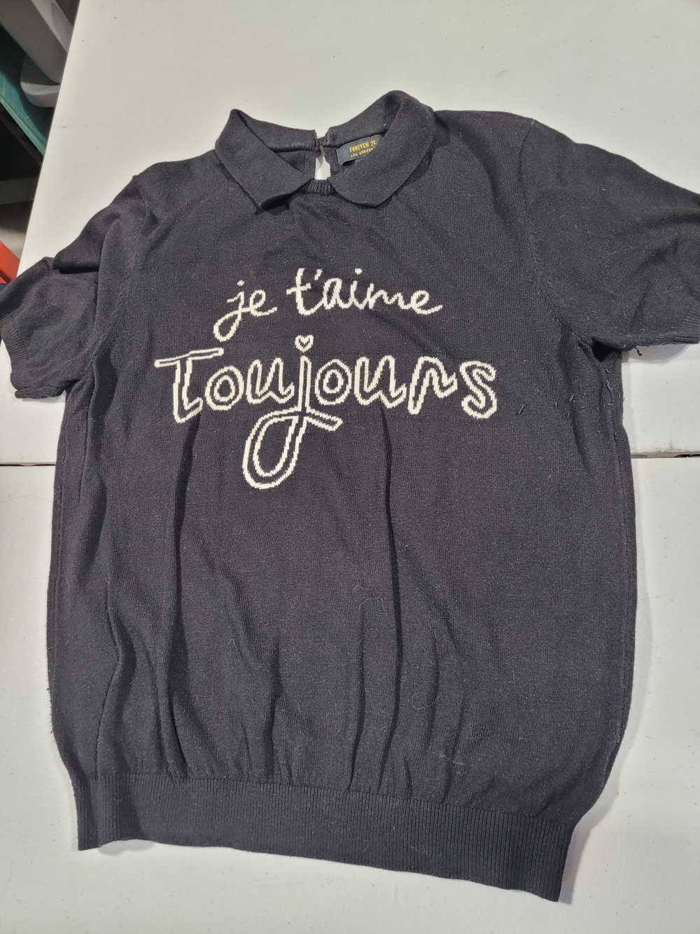 Forever 21 Navy Polo Sweater with White Script Embroidery